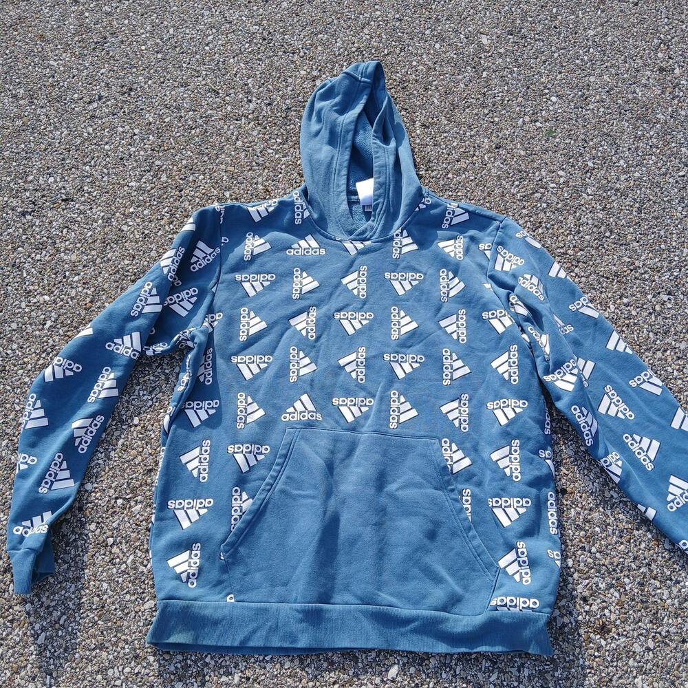 Adidas Hoodie Mens XL Blue All Over Logo Pullover Fleece Sweatshirt Athletic